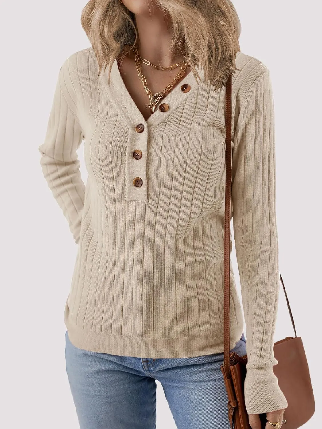 MEROKEETY Women's 2024 Long Sleeve V Neck Ribbed Button Knit Sweater Solid Color Tops