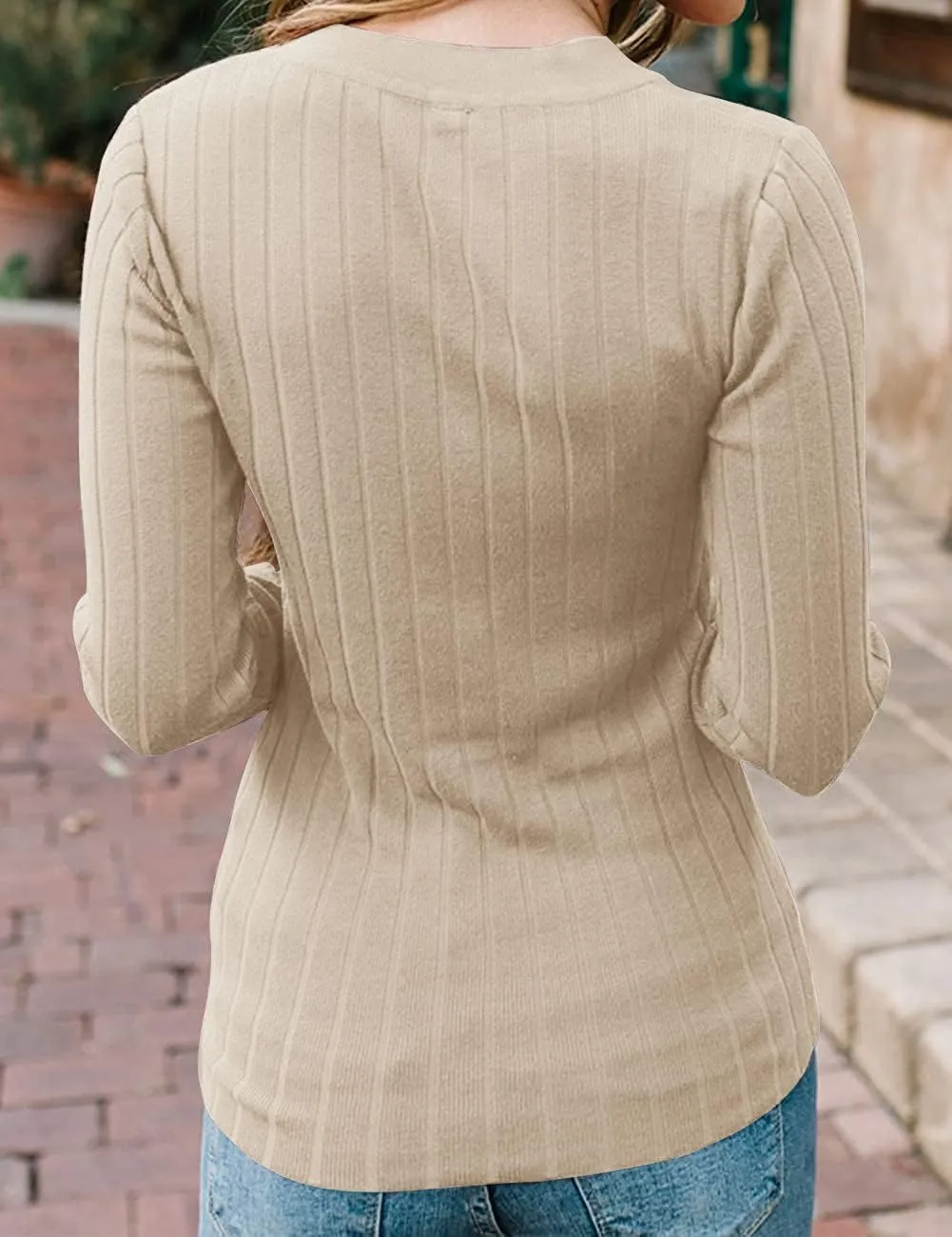 MEROKEETY Women's 2024 Long Sleeve V Neck Ribbed Button Knit Sweater Solid Color Tops