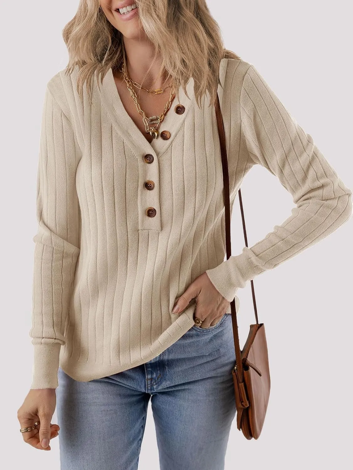 MEROKEETY Women's 2024 Long Sleeve V Neck Ribbed Button Knit Sweater Solid Color Tops