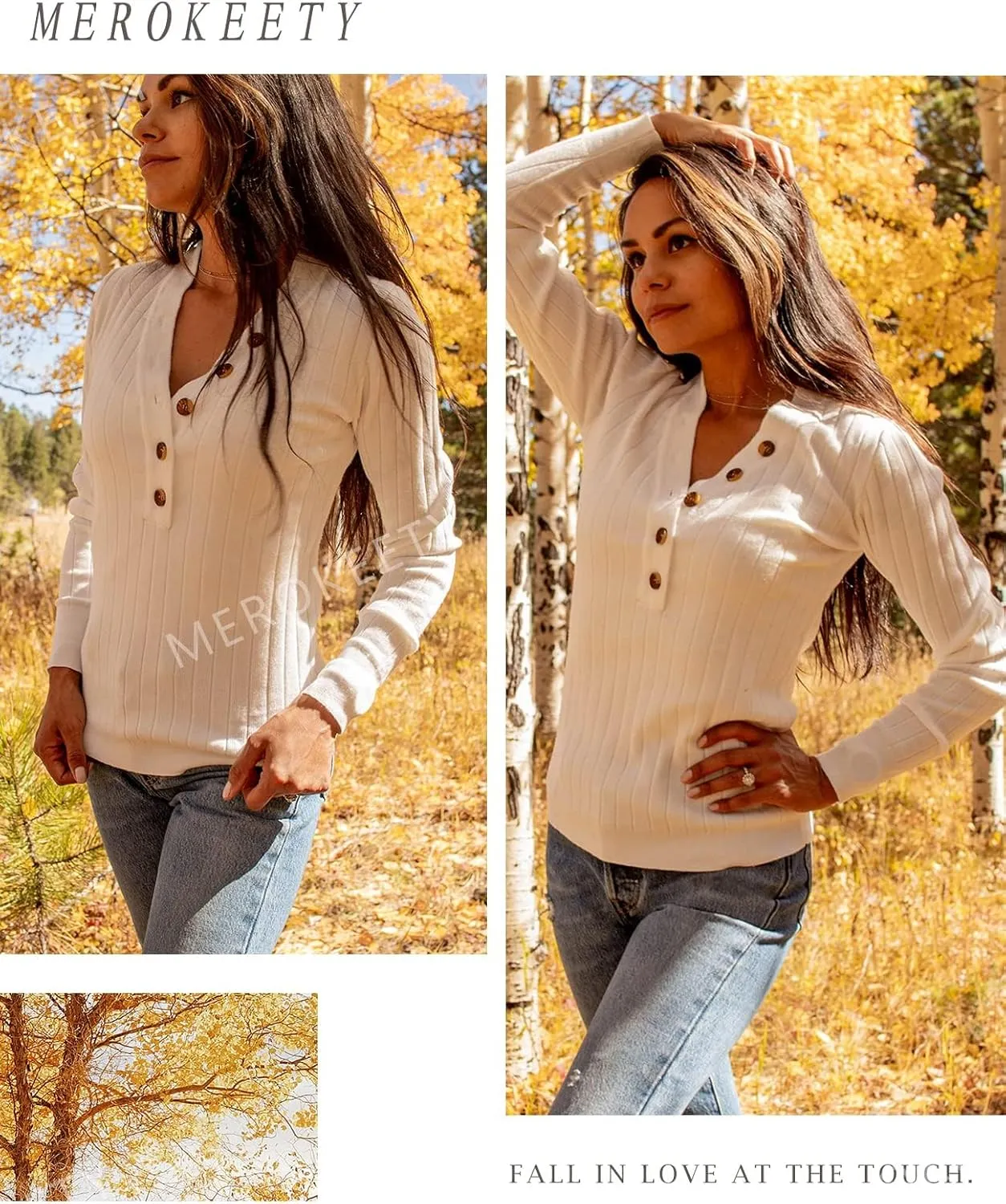 MEROKEETY Women's 2024 Long Sleeve V Neck Ribbed Button Knit Sweater Solid Color Tops