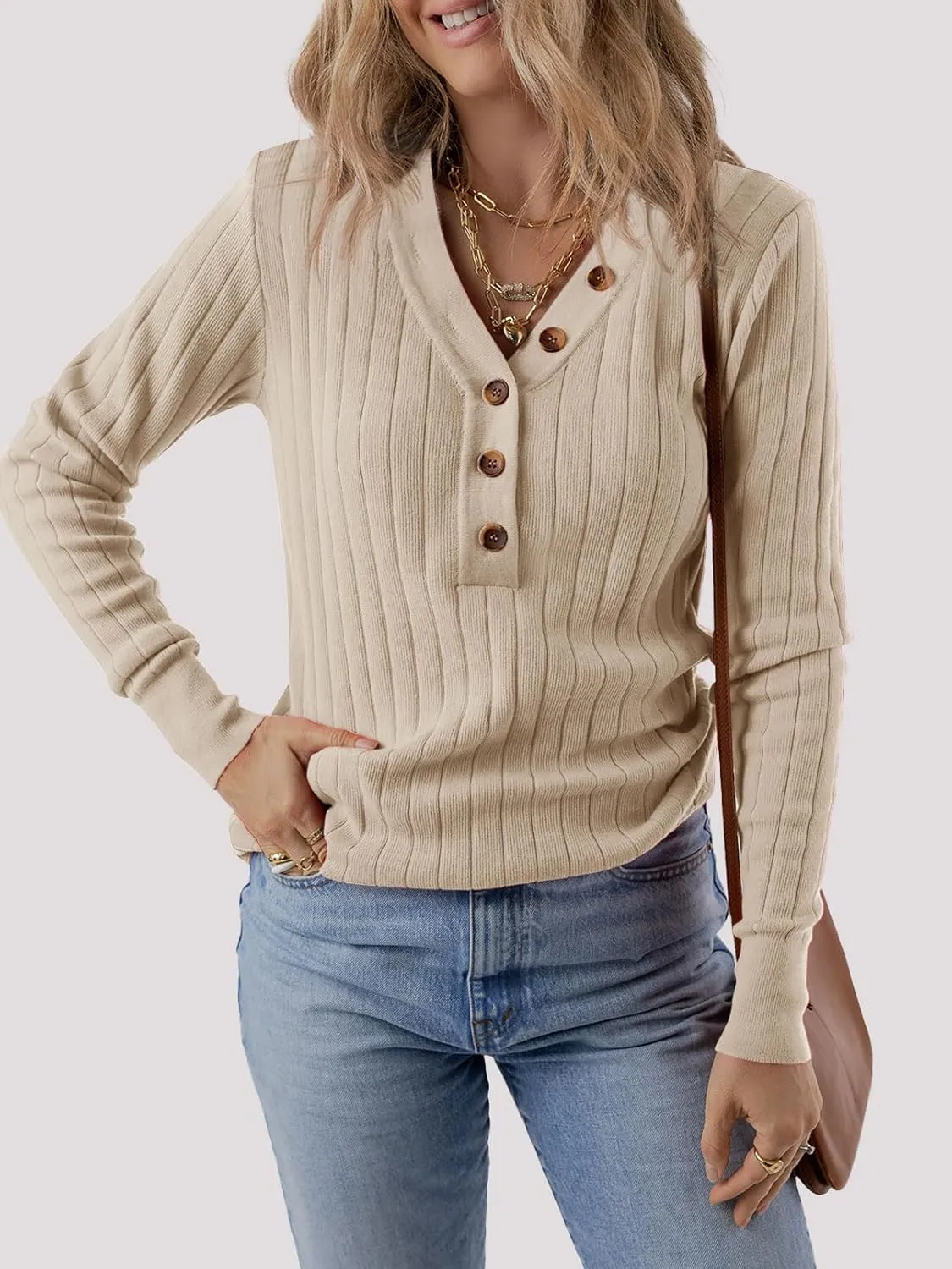MEROKEETY Women's 2024 Long Sleeve V Neck Ribbed Button Knit Sweater Solid Color Tops