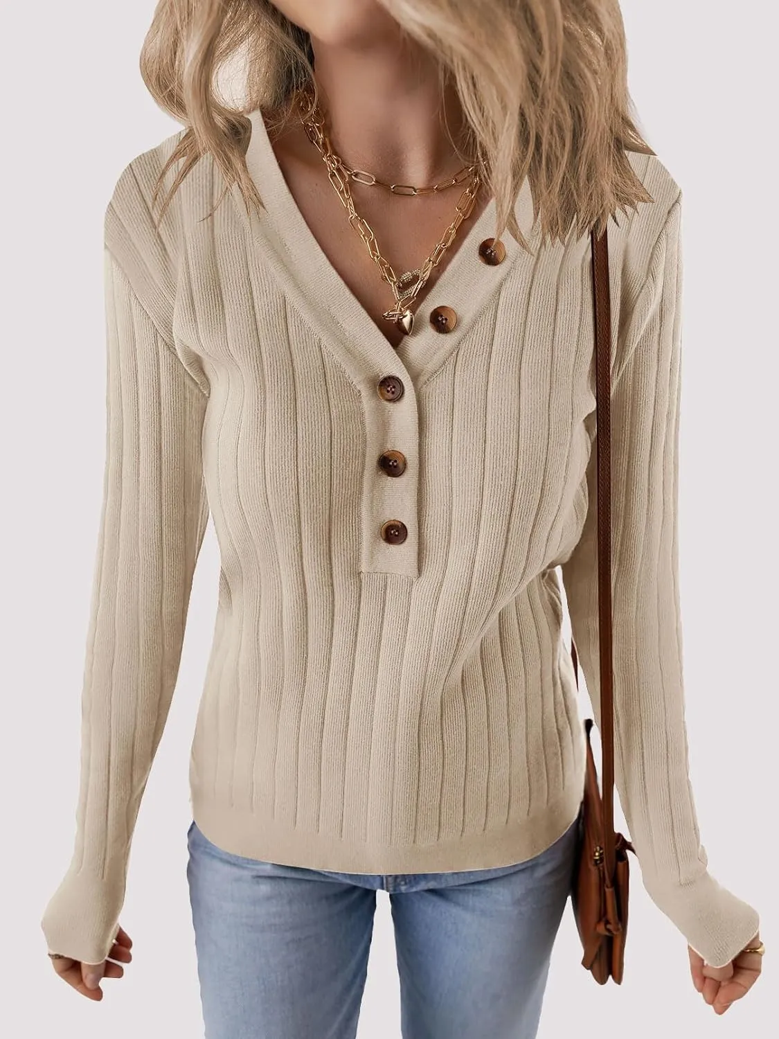 MEROKEETY Women's 2024 Long Sleeve V Neck Ribbed Button Knit Sweater Solid Color Tops