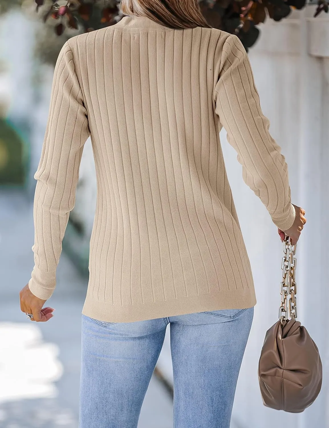 MEROKEETY Women's 2024 Long Sleeve V Neck Ribbed Button Knit Sweater Solid Color Tops