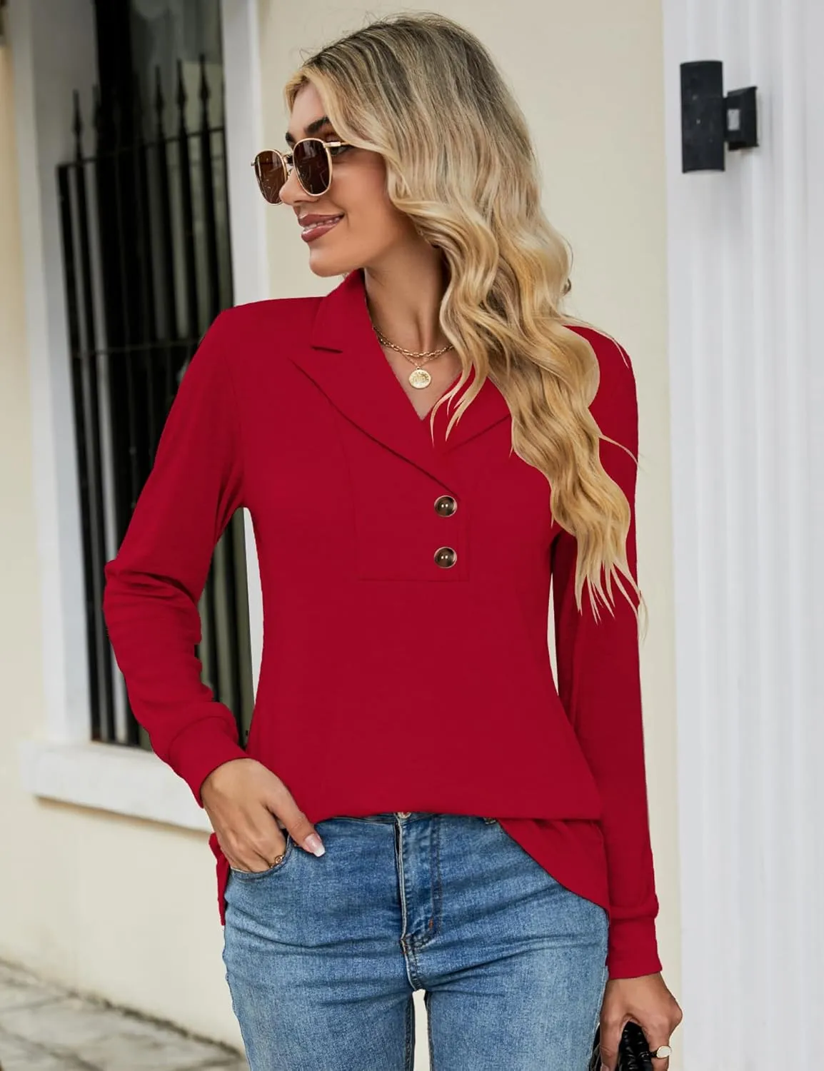 Micoson Women's Long Sleeve Button Lapel Tunic Tops V Neck Business Casual Swing Sweatshirt Pullover