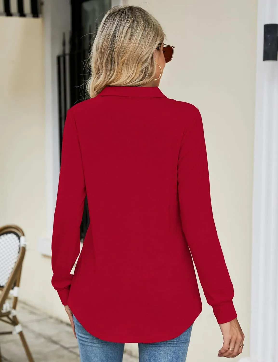 Micoson Women's Long Sleeve Button Lapel Tunic Tops V Neck Business Casual Swing Sweatshirt Pullover