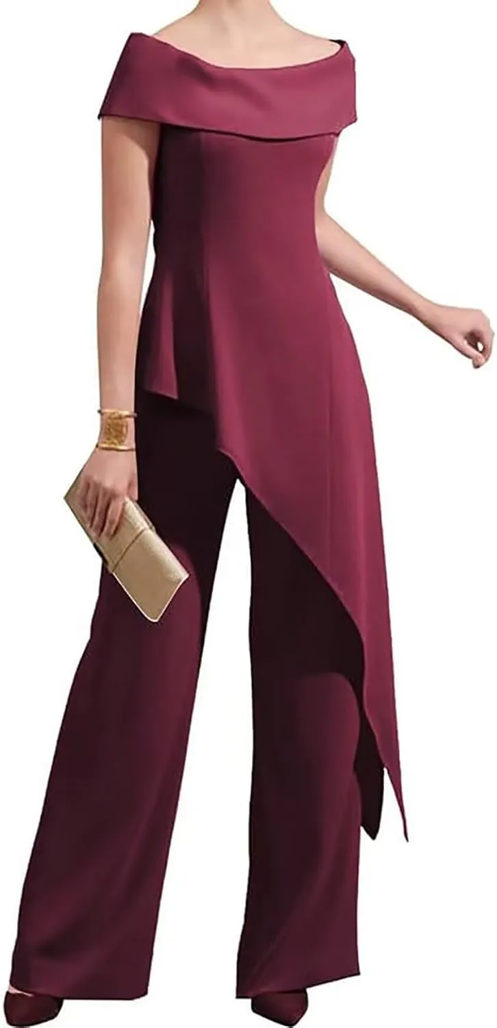 Mother of The Bride Pantsuits for Wedding Off Shoulder Chiffon Prom Cocktail Outfit