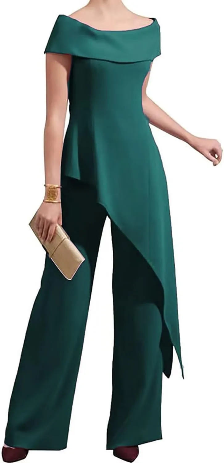 Mother of The Bride Pantsuits for Wedding Off Shoulder Chiffon Prom Cocktail Outfit