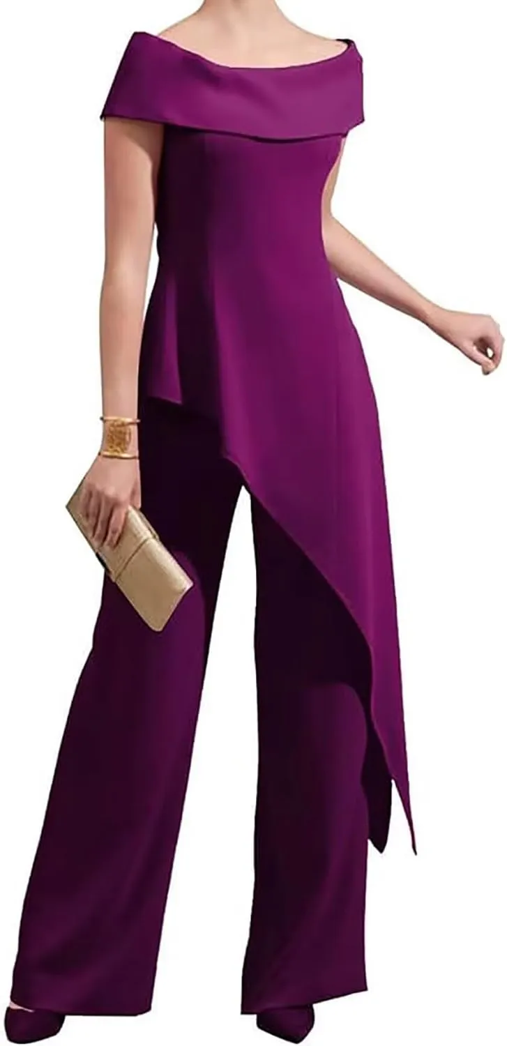 Mother of The Bride Pantsuits for Wedding Off Shoulder Chiffon Prom Cocktail Outfit