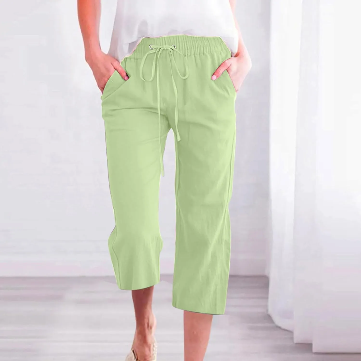 Mzkdieey Capri Pants for Women High Waisted Wide Leg Cotton Linen Cropped Trousers Summer Flowy Lounge Pants with Pockets