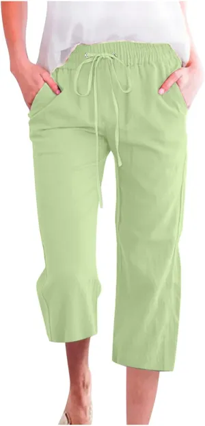 Mzkdieey Capri Pants for Women High Waisted Wide Leg Cotton Linen Cropped Trousers Summer Flowy Lounge Pants with Pockets