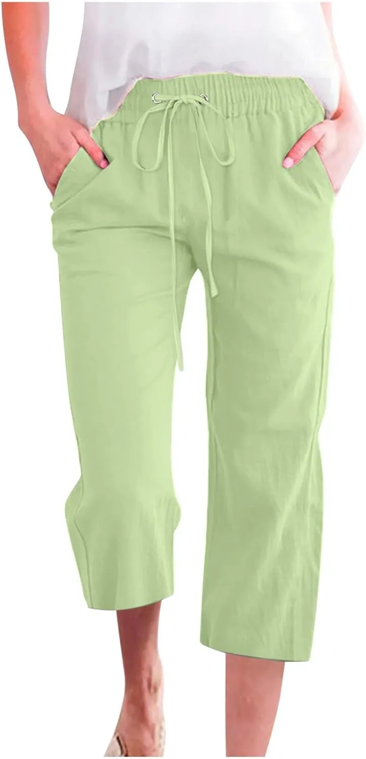Mzkdieey Capri Pants for Women High Waisted Wide Leg Cotton Linen Cropped Trousers Summer Flowy Lounge Pants with Pockets