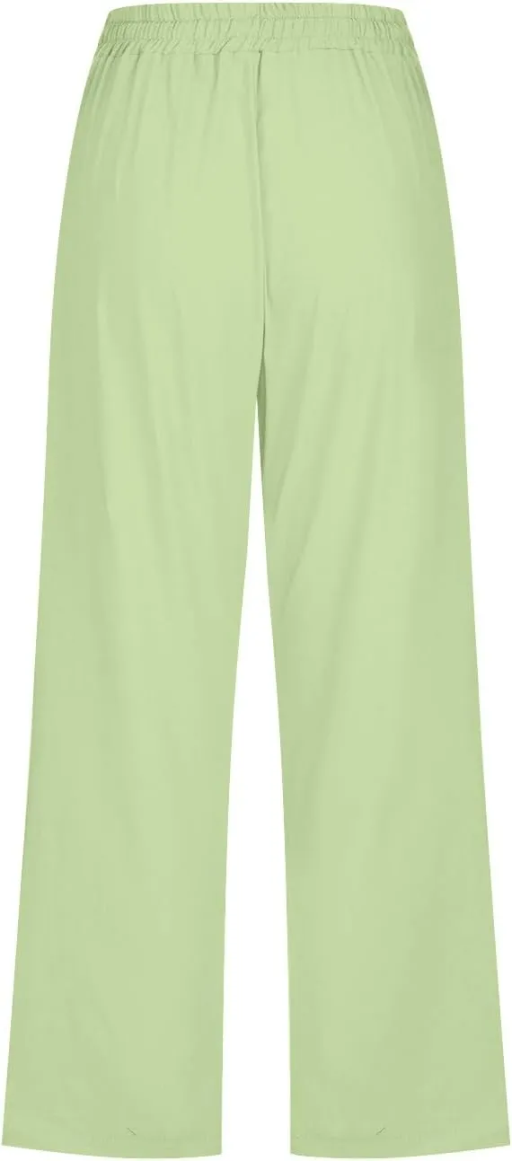 Mzkdieey Capri Pants for Women High Waisted Wide Leg Cotton Linen Cropped Trousers Summer Flowy Lounge Pants with Pockets