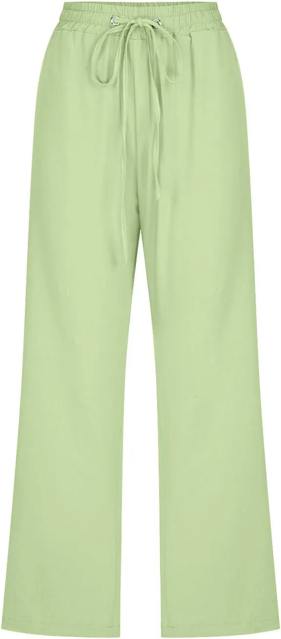 Mzkdieey Capri Pants for Women High Waisted Wide Leg Cotton Linen Cropped Trousers Summer Flowy Lounge Pants with Pockets