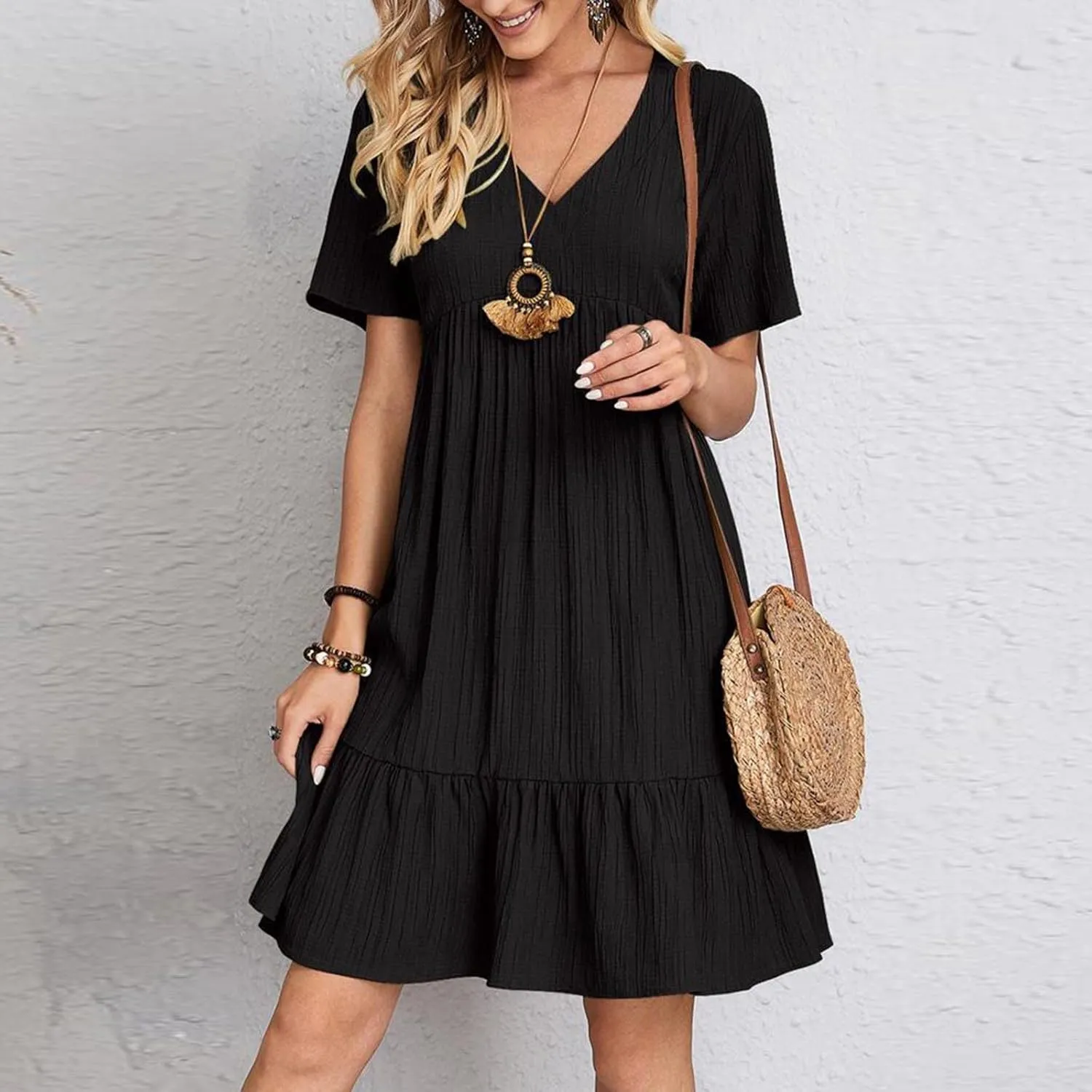 NaRHbrg Women's Casual Summer Midi Dress Short Sleeve V-Neck Loose Dress Ruffle Swing A Line Beach Sundress Flowy Dresses