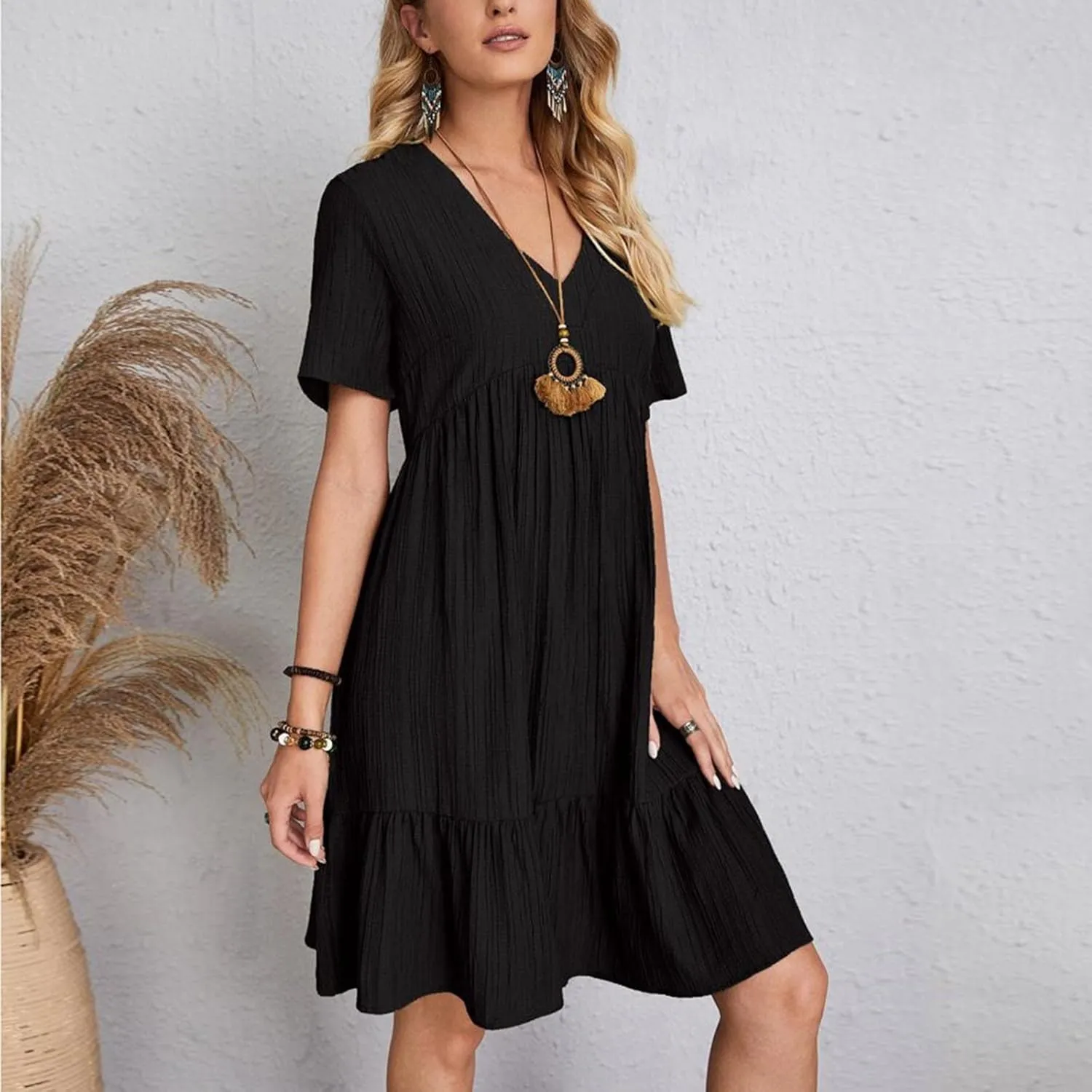 NaRHbrg Women's Casual Summer Midi Dress Short Sleeve V-Neck Loose Dress Ruffle Swing A Line Beach Sundress Flowy Dresses