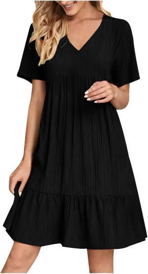 NaRHbrg Women's Casual Summer Midi Dress Short Sleeve V-Neck Loose Dress Ruffle Swing A Line Beach Sundress Flowy Dresses