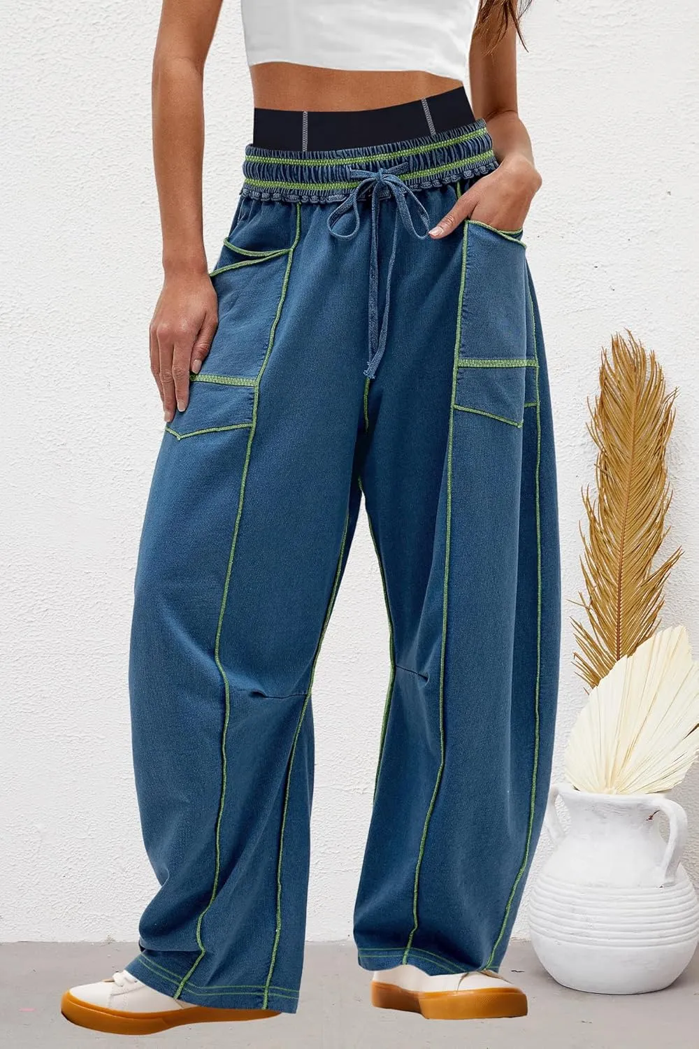 Nirovien Womens Barrel Sweatpants High Waisted Wide Leg Pants Drawstring Athletic Baggy Pants Lounge Sweats