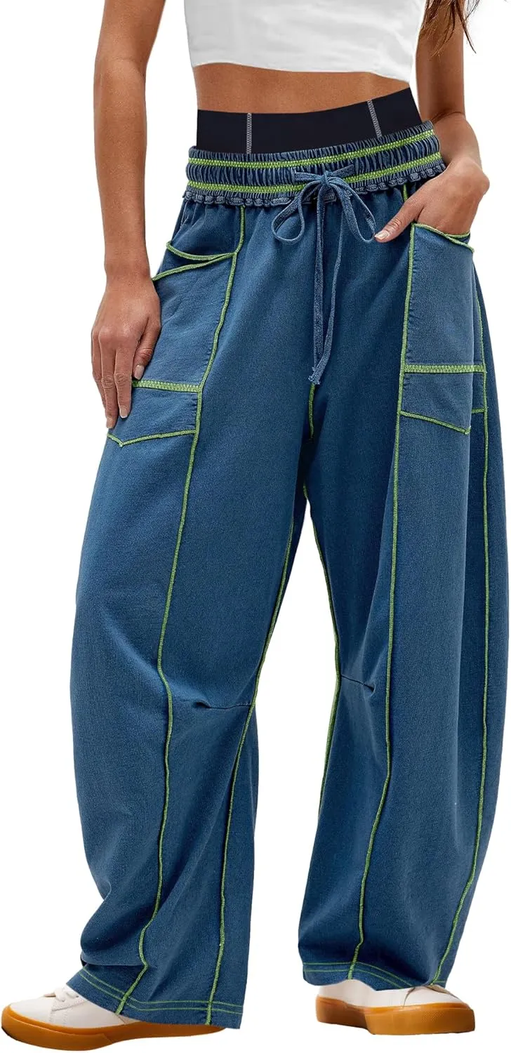 Nirovien Womens Barrel Sweatpants High Waisted Wide Leg Pants Drawstring Athletic Baggy Pants Lounge Sweats