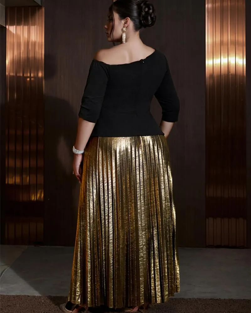 ONTINVA Women 2 Piece Outfits 3/4 Long Sleeve Asymmetric Slit Hem Tops Luxury Metallic Midi Pleated A-line Skirt Sets