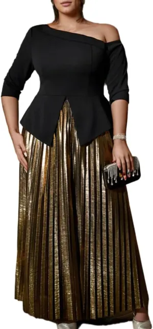 ONTINVA Women 2 Piece Outfits 3/4 Long Sleeve Asymmetric Slit Hem Tops Luxury Metallic Midi Pleated A-line Skirt Sets