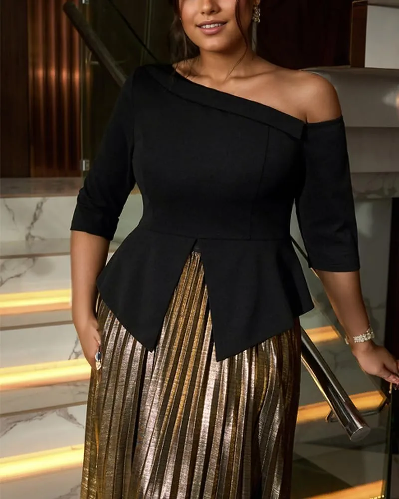 ONTINVA Women 2 Piece Outfits 3/4 Long Sleeve Asymmetric Slit Hem Tops Luxury Metallic Midi Pleated A-line Skirt Sets