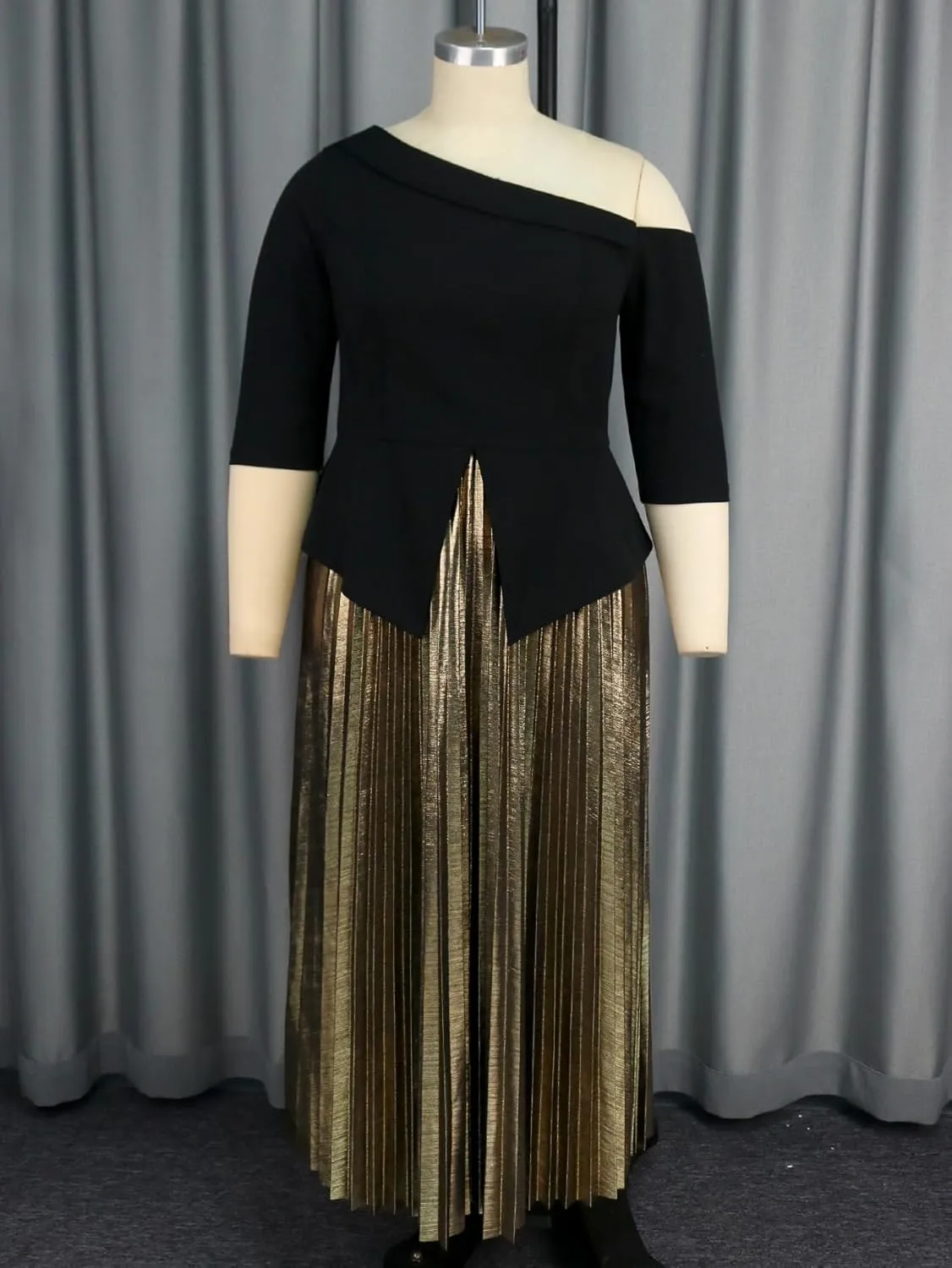 ONTINVA Women 2 Piece Outfits 3/4 Long Sleeve Asymmetric Slit Hem Tops Luxury Metallic Midi Pleated A-line Skirt Sets