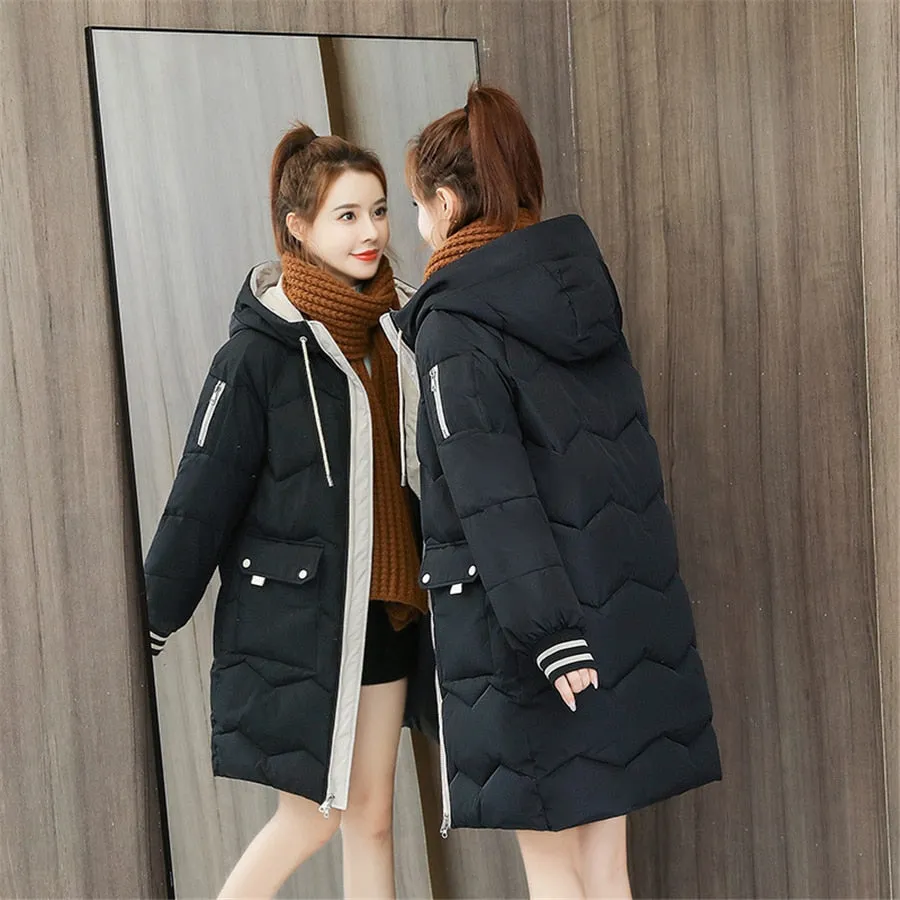 Oversized 4XL Hooded Mid-length Cotton Padded Coat Women Loose Warm Thicken Parka Fluffy Overcoat Snow Wear Korean Solid Outwear