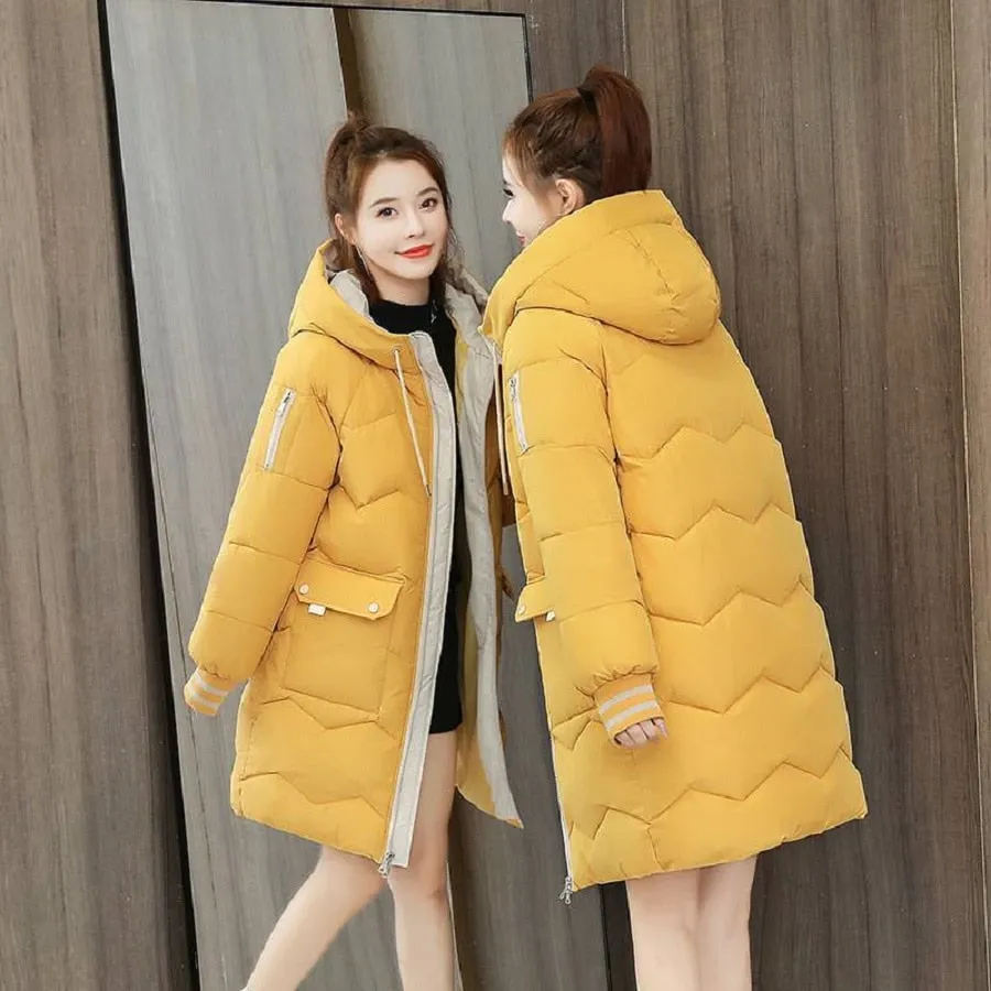 Oversized 4XL Hooded Mid-length Cotton Padded Coat Women Loose Warm Thicken Parka Fluffy Overcoat Snow Wear Korean Solid Outwear