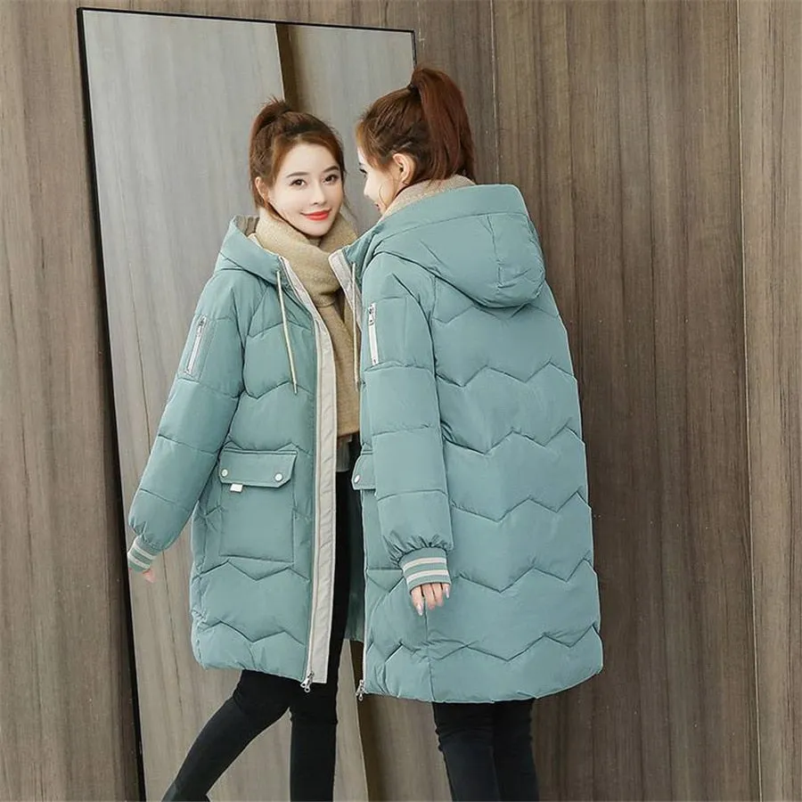 Oversized 4XL Hooded Mid-length Cotton Padded Coat Women Loose Warm Thicken Parka Fluffy Overcoat Snow Wear Korean Solid Outwear