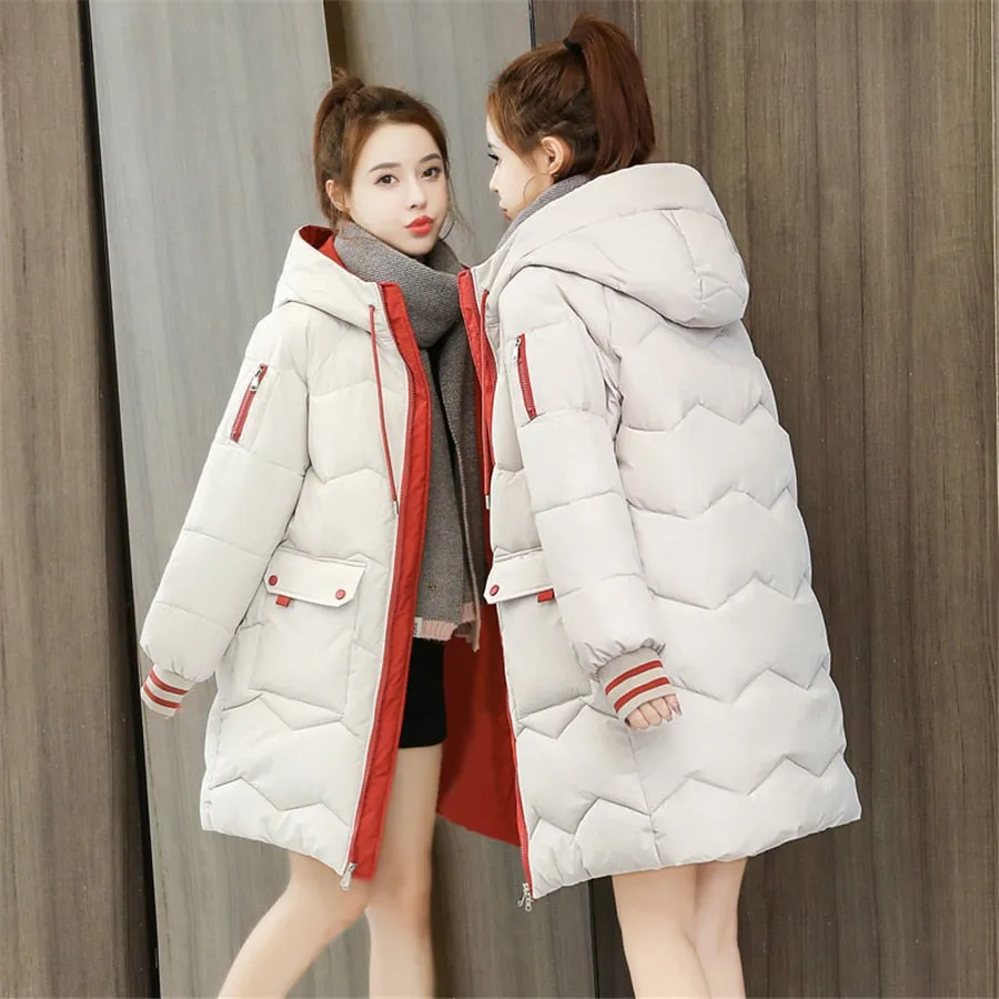 Oversized 4XL Hooded Mid-length Cotton Padded Coat Women Loose Warm Thicken Parka Fluffy Overcoat Snow Wear Korean Solid Outwear