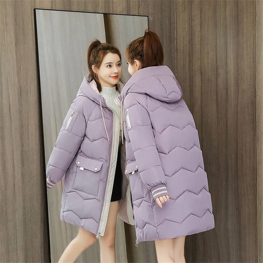 Oversized 4XL Hooded Mid-length Cotton Padded Coat Women Loose Warm Thicken Parka Fluffy Overcoat Snow Wear Korean Solid Outwear