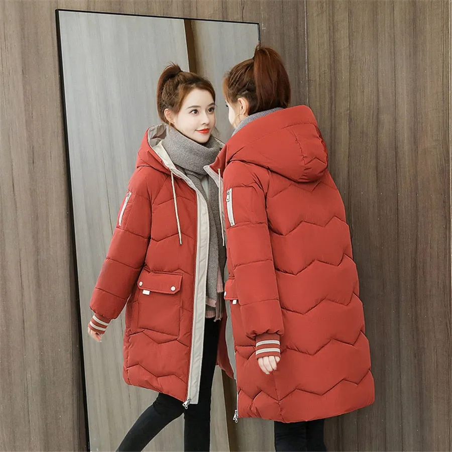 Oversized 4XL Hooded Mid-length Cotton Padded Coat Women Loose Warm Thicken Parka Fluffy Overcoat Snow Wear Korean Solid Outwear