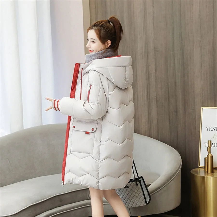 Oversized 4XL Hooded Mid-length Cotton Padded Coat Women Loose Warm Thicken Parka Fluffy Overcoat Snow Wear Korean Solid Outwear