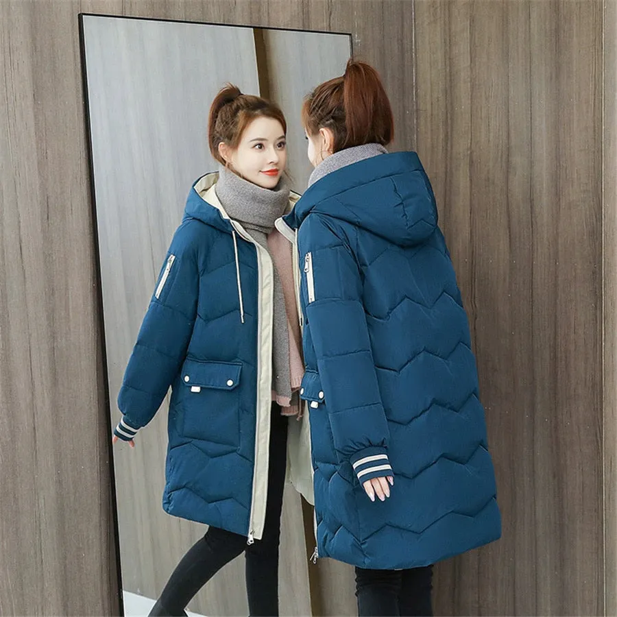 Oversized 4XL Hooded Mid-length Cotton Padded Coat Women Loose Warm Thicken Parka Fluffy Overcoat Snow Wear Korean Solid Outwear