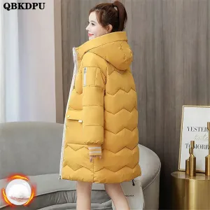 Oversized 4XL Hooded Mid-length Cotton Padded Coat Women Loose Warm Thicken Parka Fluffy Overcoat Snow Wear Korean Solid Outwear