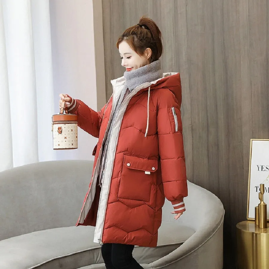 Oversized 4XL Hooded Mid-length Cotton Padded Coat Women Loose Warm Thicken Parka Fluffy Overcoat Snow Wear Korean Solid Outwear