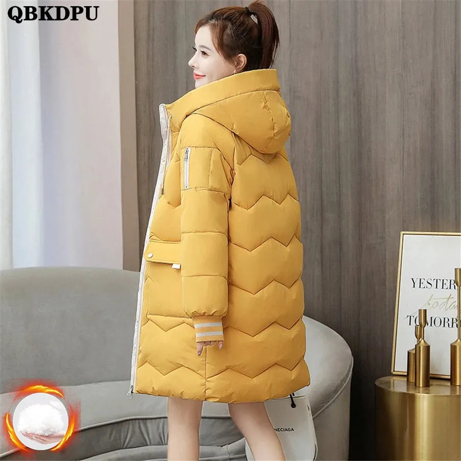 Oversized 4XL Hooded Mid-length Cotton Padded Coat Women Loose Warm Thicken Parka Fluffy Overcoat Snow Wear Korean Solid Outwear