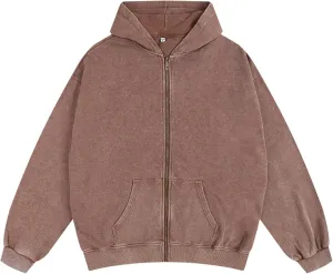 Oversized Vintage Cotton Jacket Acid Wash Grunge Basic Zip Up Hoodie For Women Distressed Baggy Long Sleeve Tops