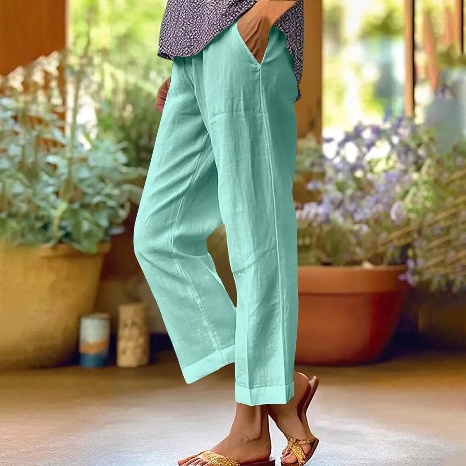 Palazzo Pants for Women Palazzo Wide Leg Cotton Linen Pants 2025 Summer Vacation Beach Long Trousers with Pockets
