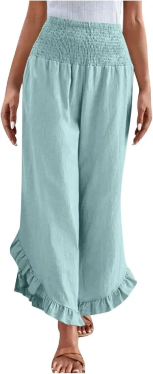 Palazzo Pants for Women Stretch Smocked High Waisted Ruffle Hem Loose Fit Pant Summer Casual Linen Wide Leg Trousers