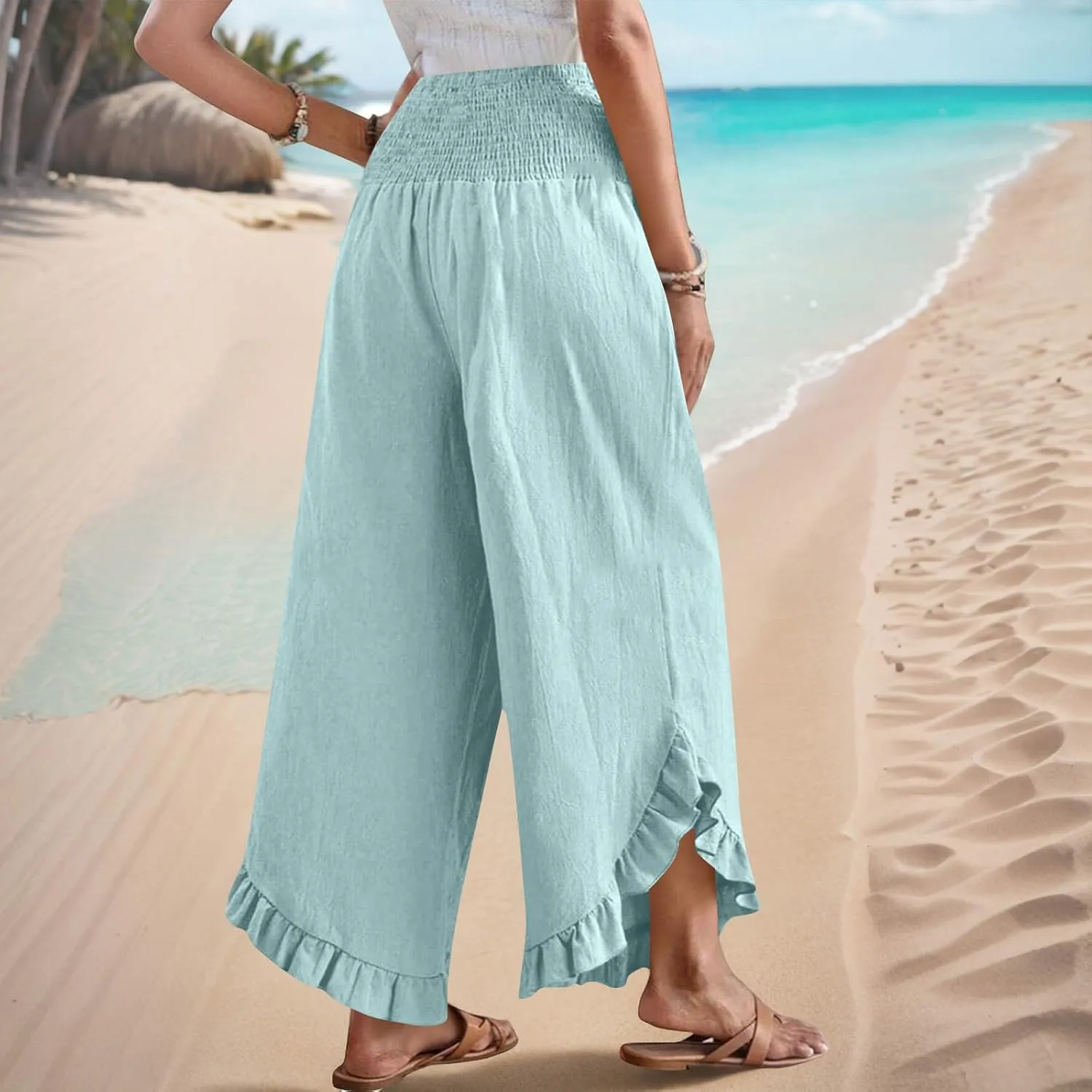 Palazzo Pants for Women Stretch Smocked High Waisted Ruffle Hem Loose Fit Pant Summer Casual Linen Wide Leg Trousers