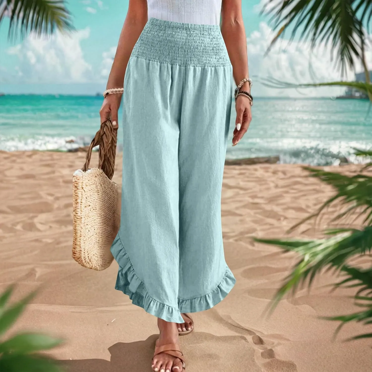 Palazzo Pants for Women Stretch Smocked High Waisted Ruffle Hem Loose Fit Pant Summer Casual Linen Wide Leg Trousers