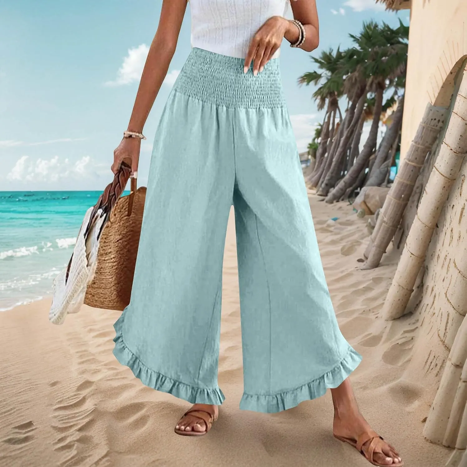 Palazzo Pants for Women Stretch Smocked High Waisted Ruffle Hem Loose Fit Pant Summer Casual Linen Wide Leg Trousers