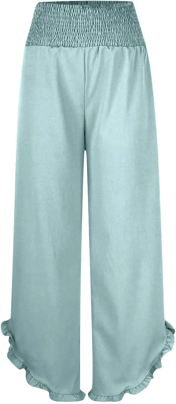 Palazzo Pants for Women Stretch Smocked High Waisted Ruffle Hem Loose Fit Pant Summer Casual Linen Wide Leg Trousers