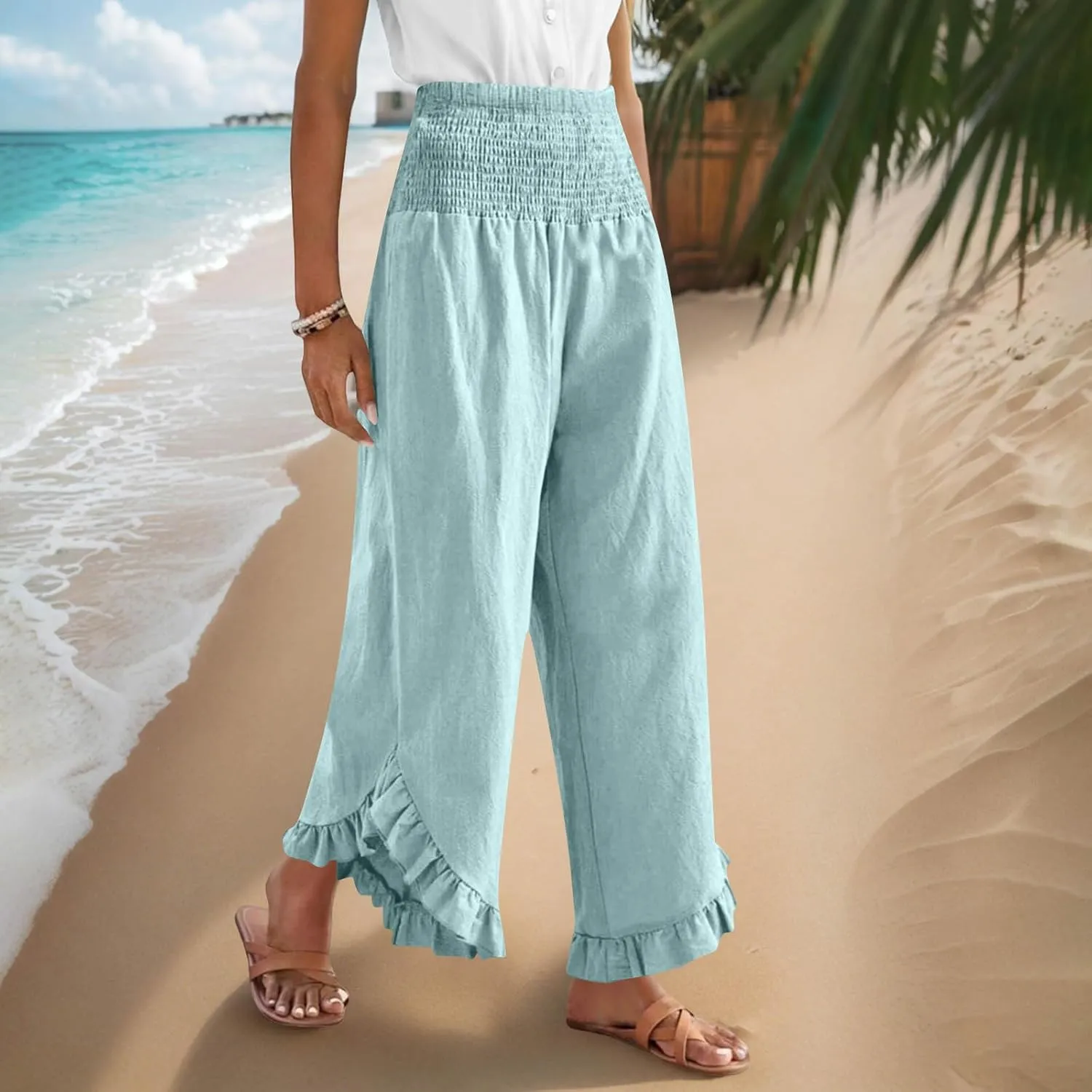 Palazzo Pants for Women Stretch Smocked High Waisted Ruffle Hem Loose Fit Pant Summer Casual Linen Wide Leg Trousers