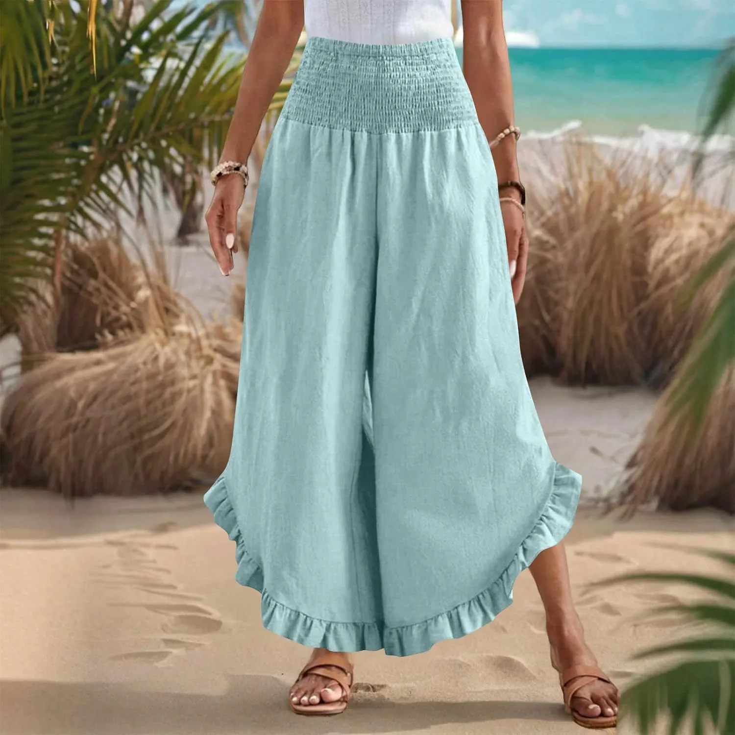 Palazzo Pants for Women Stretch Smocked High Waisted Ruffle Hem Loose Fit Pant Summer Casual Linen Wide Leg Trousers