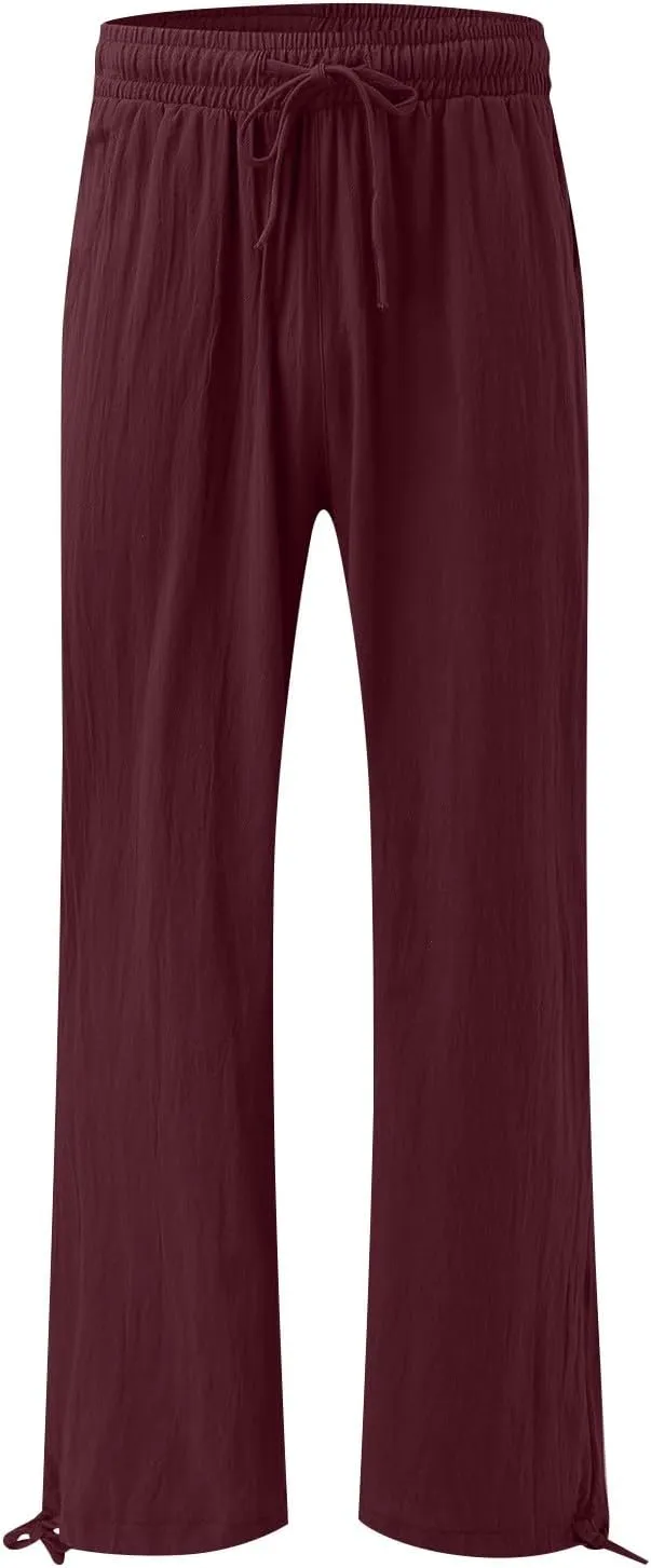 Pants for Women Cotton Linen Casual Summer 2025 Straight Leg Loose Drawstring Elastic Waist Cropped Trouser Plus Size