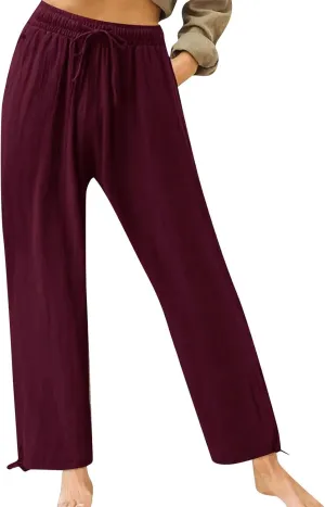 Pants for Women Cotton Linen Casual Summer 2025 Straight Leg Loose Drawstring Elastic Waist Cropped Trouser Plus Size