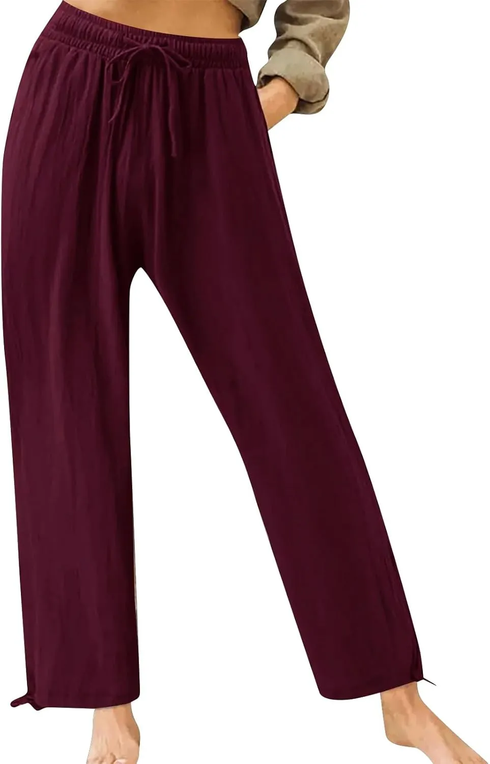 Pants for Women Cotton Linen Casual Summer 2025 Straight Leg Loose Drawstring Elastic Waist Cropped Trouser Plus Size