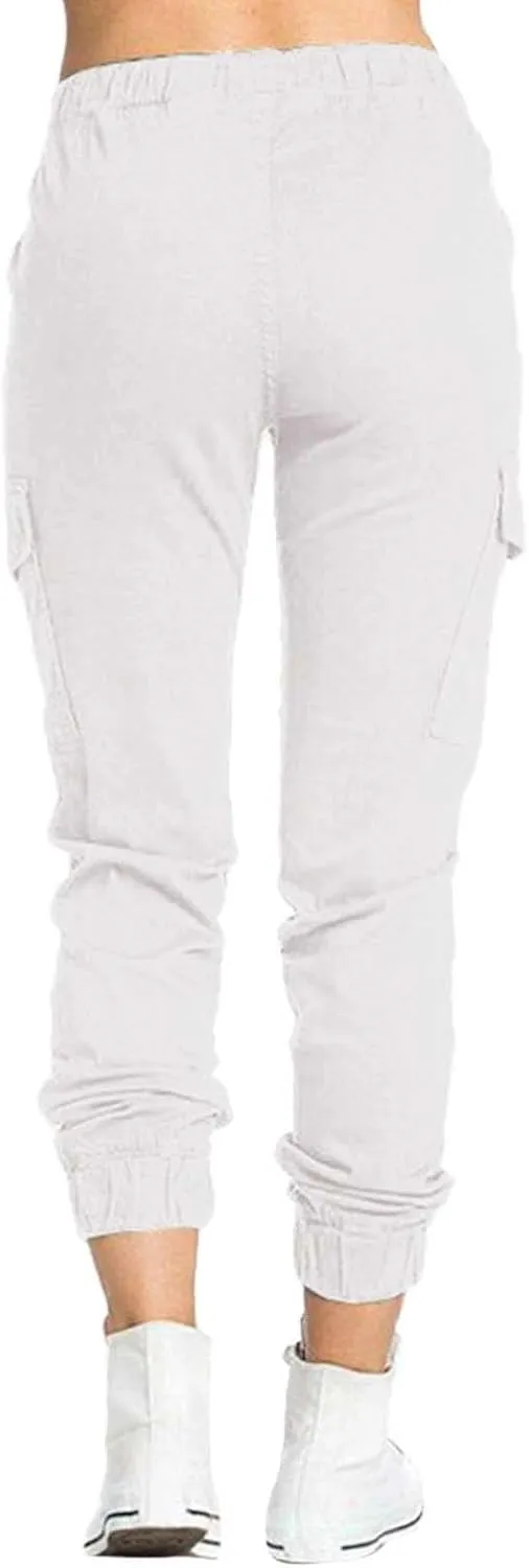 Petite Cargo Pants for Women Drawstring Elastic High Waist Lounge Cropped Pants Solid Color Baggy Comfy Trousers with Pocket